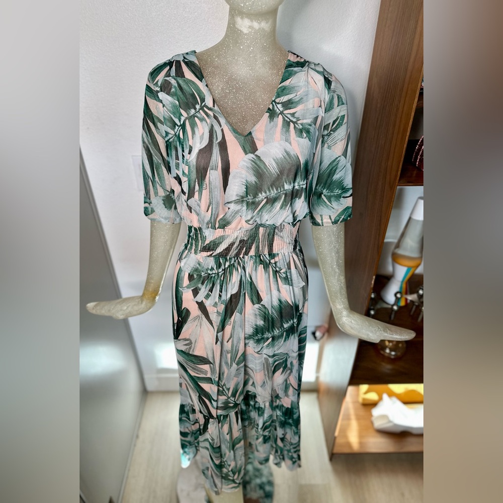 Kate & Lily Tropical Mesh Vneck 3/4 Sleeve Maxi Dress. Size 6